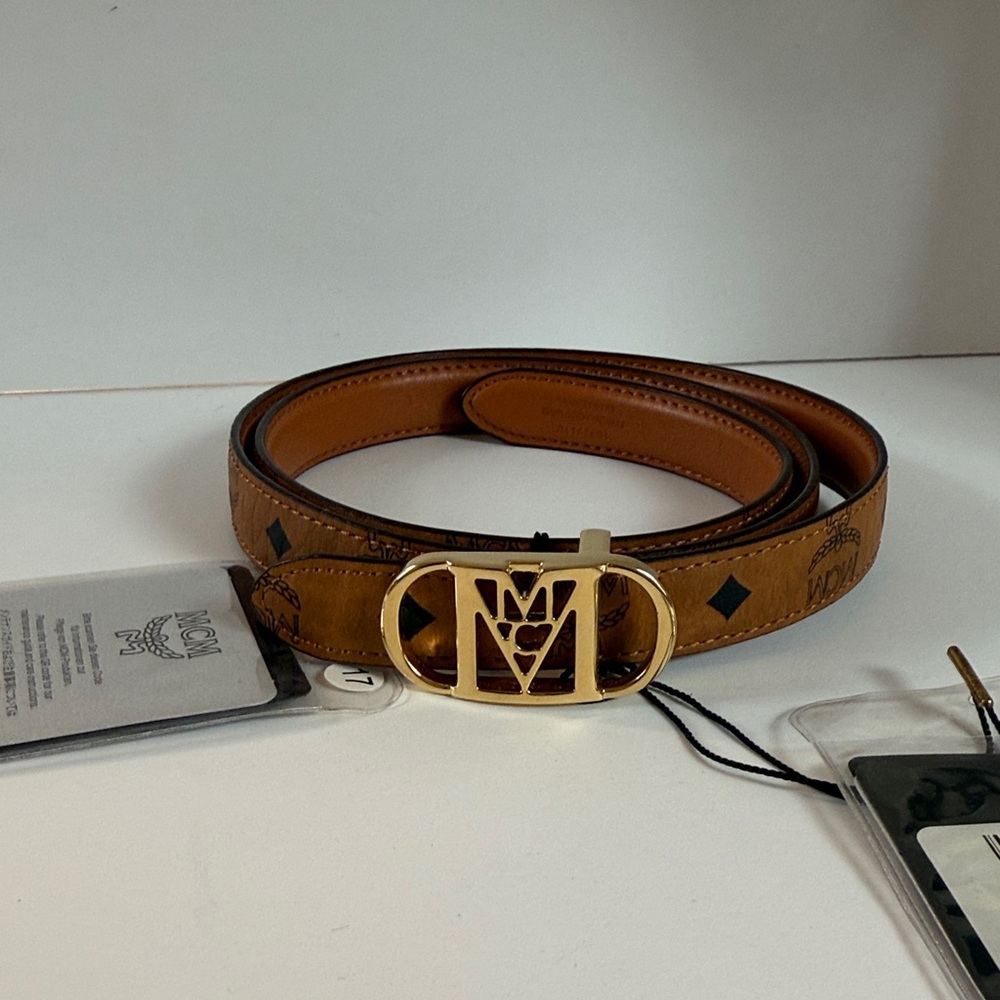 MCM Leather Reversible Belt with Gold Buckle